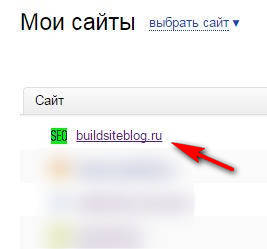 Список сайтов в Яндекс.Вебмастере